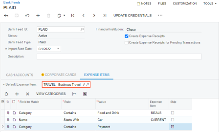 Selecting the default expense item on the Expense Items tab