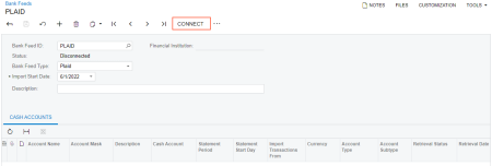 Clicking Connect on the Bank Feeds form