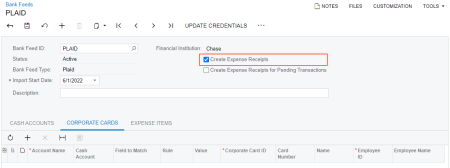 Selecting the Create Expense Receipts check box