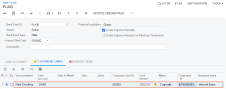 Selecting a corporate credit card on the Corporate Cards tab