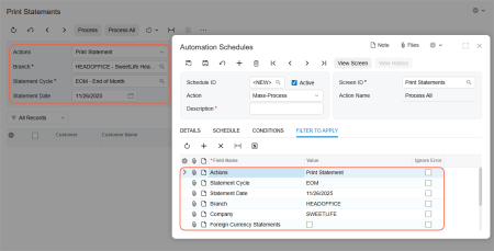 The condition specified in the Selection area being copied to the Filter Values tab of a schedule