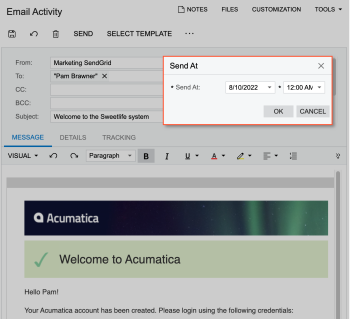 The Send At dialog box