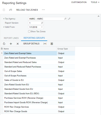 The Reporting Groups tab for a tax report