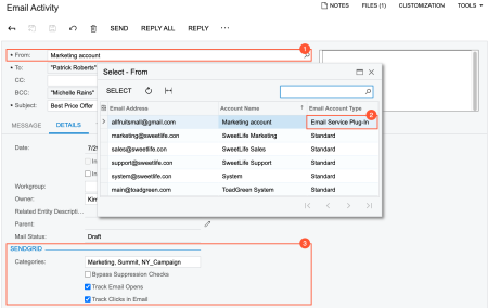 The SendGrid settings available for an email