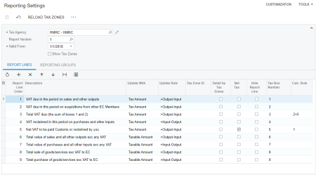 The Report Lines tab for a tax report