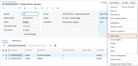 The available Audit History command for the Journal Transactions form