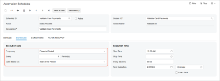 Schedule execution based on the dates of financial periods