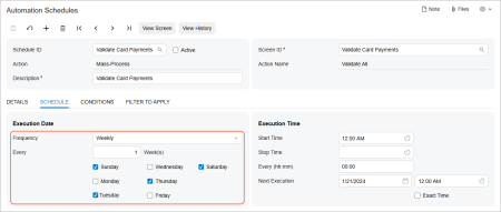 Schedule execution based on weeks