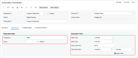 Schedule execution in successive sessions