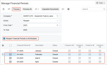 The periods selected for reopening in all subledgers and the general ledger