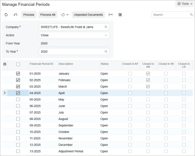 Periods selected for closing in subledgers and general ledger