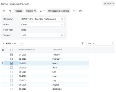 Periods selected for closing in the AR subledger