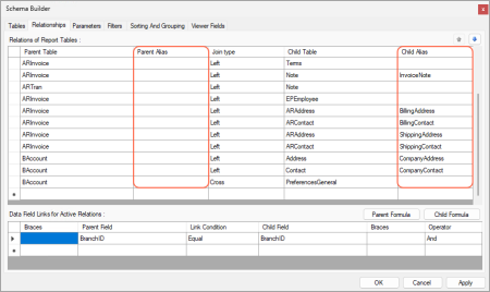 Aliases in the Schema Builder of the Report Designer
