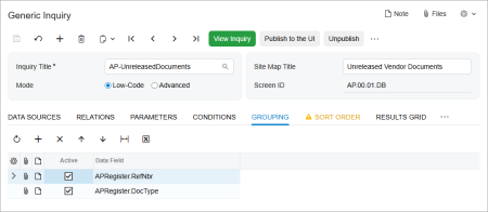 The Grouping tab of the Generic Inquiry form
